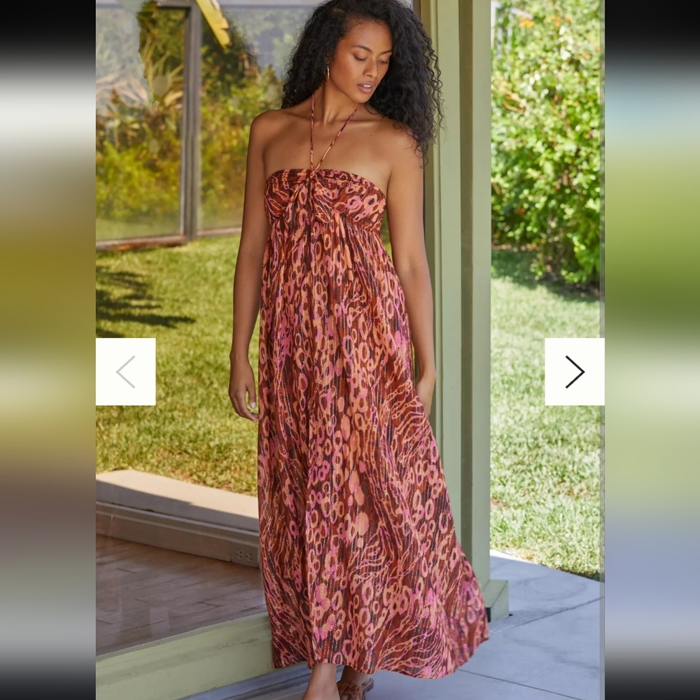 Anthropologie Pink and Brown Strapless Maxi Dress